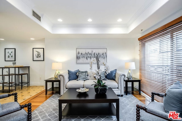 living room with crown molding, wood-type flooring, and a tray ceiling