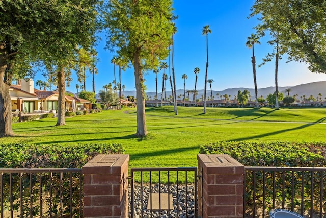 view of community with a mountain view and a lawn