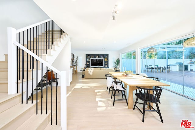 dining room with light hardwood / wood-style flooring and rail lighting