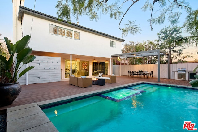 back of property with a swimming pool side deck, area for grilling, an outdoor living space, and a pergola