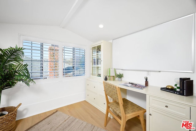 home office featuring built in desk, lofted ceiling with beams, and light hardwood / wood-style flooring