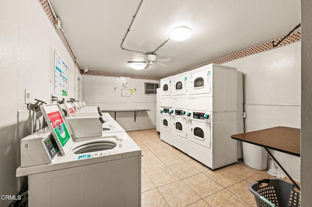 washroom featuring ceiling fan, stacked washer / dryer, separate washer and dryer, and light tile patterned floors