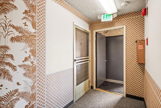 hallway featuring a textured ceiling and carpet flooring