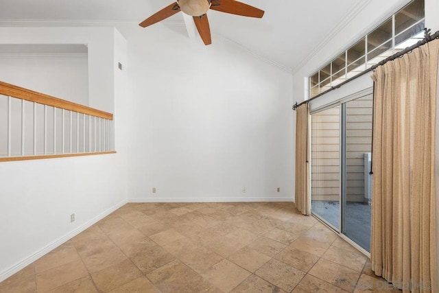 unfurnished room with crown molding, ceiling fan, and lofted ceiling