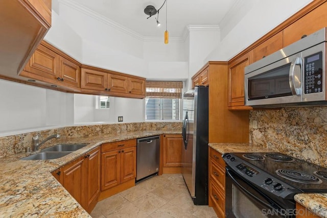 kitchen featuring sink, crown molding, stainless steel appliances, light stone countertops, and decorative backsplash