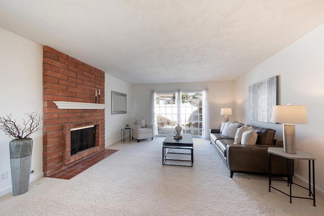 carpeted living room featuring a fireplace