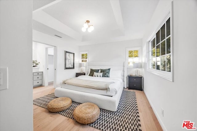 bedroom featuring hardwood / wood-style flooring and a tray ceiling