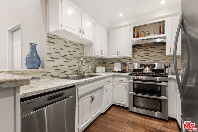 kitchen featuring sink, white cabinetry, dark hardwood / wood-style flooring, stainless steel appliances, and light stone countertops