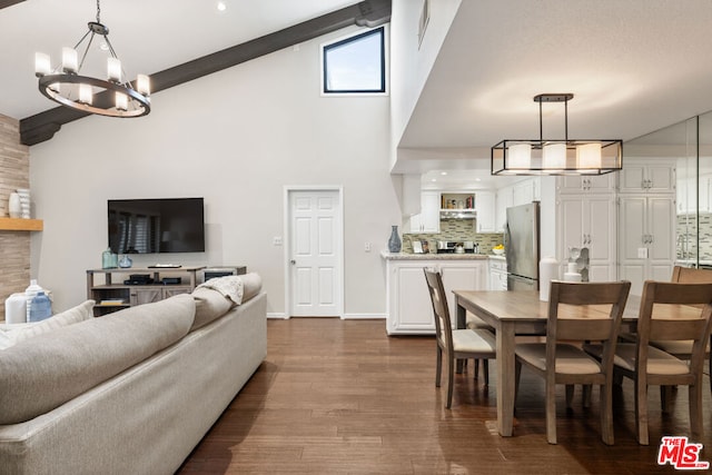 dining area with beam ceiling, high vaulted ceiling, dark hardwood / wood-style floors, and a chandelier