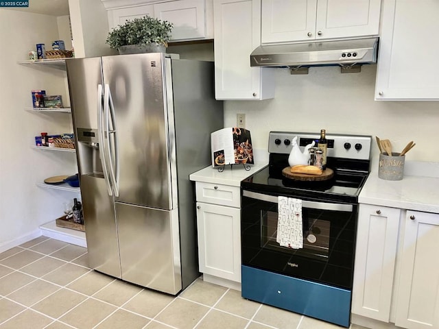 kitchen with white cabinetry, light tile patterned floors, range with electric stovetop, and stainless steel refrigerator with ice dispenser