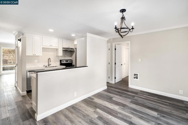 kitchen featuring pendant lighting, crown molding, appliances with stainless steel finishes, white cabinets, and dark hardwood / wood-style flooring