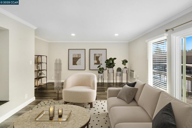 living room with crown molding and dark hardwood / wood-style floors