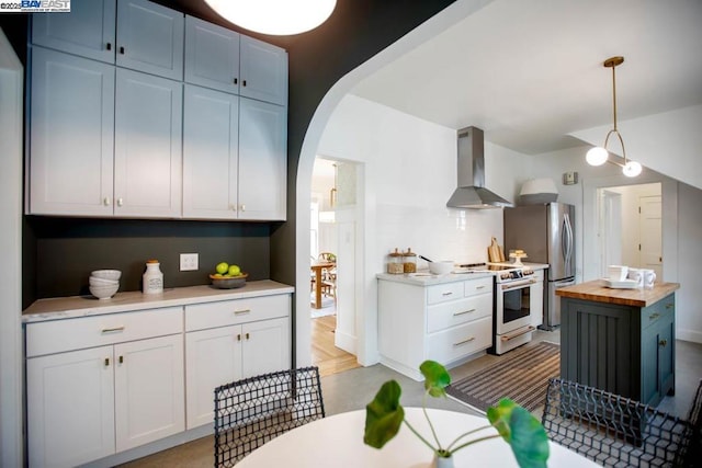 kitchen featuring range with electric cooktop, white cabinets, wooden counters, and wall chimney range hood