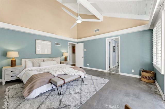 bedroom with ceiling fan, high vaulted ceiling, and beam ceiling