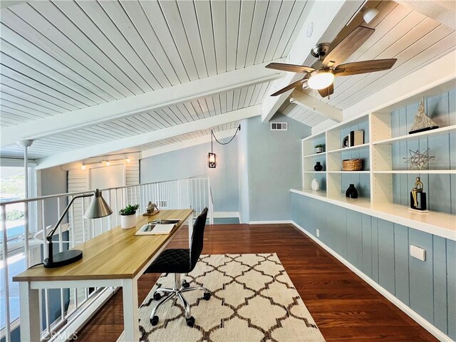 office space featuring lofted ceiling with beams, dark wood-type flooring, built in features, and ceiling fan