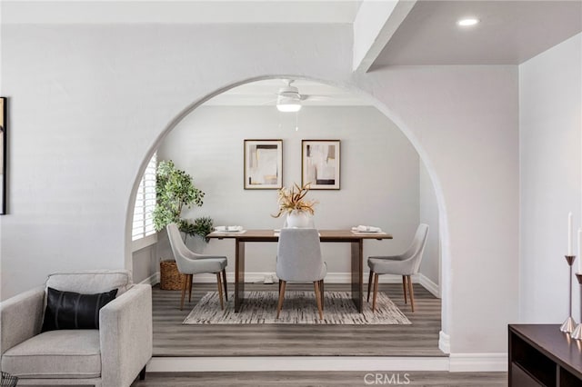 dining room featuring ceiling fan and wood-type flooring