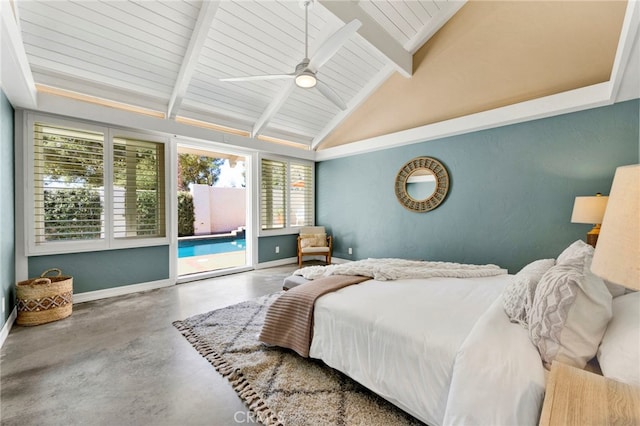 bedroom with concrete flooring, high vaulted ceiling, beamed ceiling, ceiling fan, and access to exterior