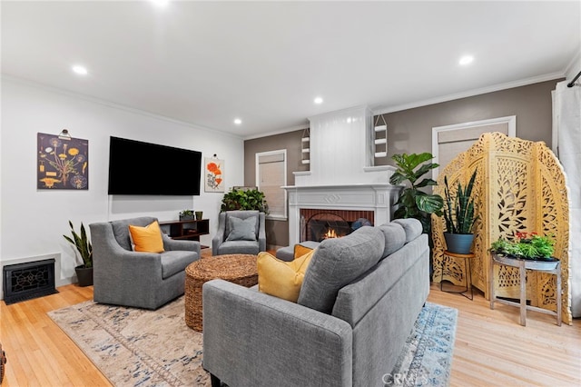 living room with crown molding, a fireplace, and light hardwood / wood-style flooring