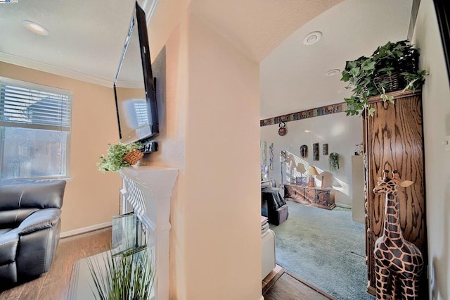 interior space featuring ornamental molding and light hardwood / wood-style floors