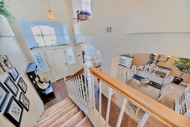 entryway featuring a high ceiling and hardwood / wood-style flooring