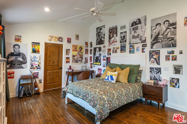 bedroom with lofted ceiling, dark wood-type flooring, and ceiling fan