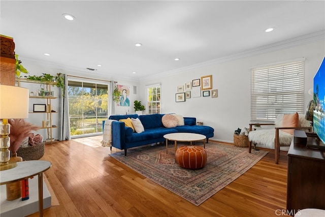 living room featuring crown molding and light hardwood / wood-style floors