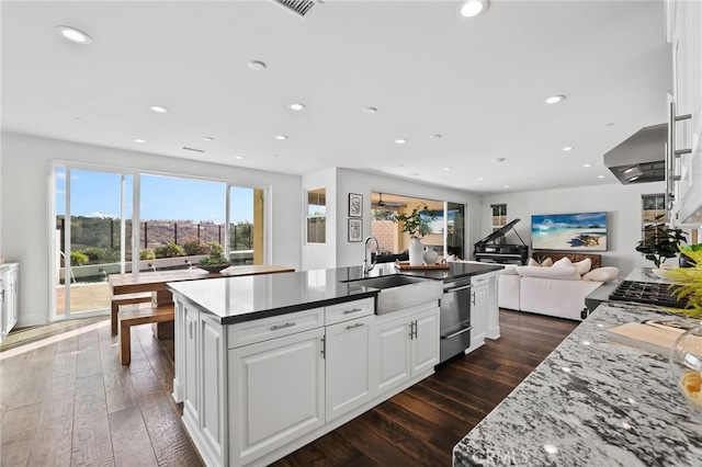 kitchen featuring white cabinetry, sink, an island with sink, and dark wood-type flooring