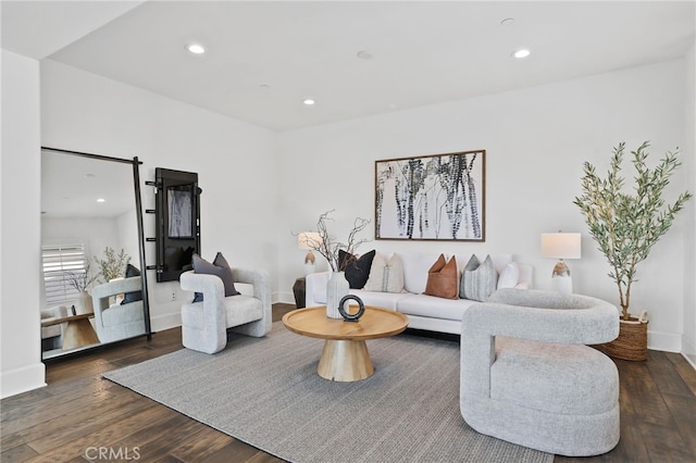 living room with dark hardwood / wood-style flooring