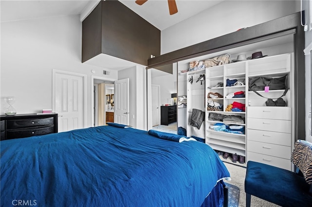 bedroom with ceiling fan and carpet flooring