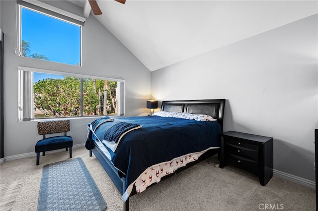 bedroom featuring ceiling fan, light colored carpet, and high vaulted ceiling