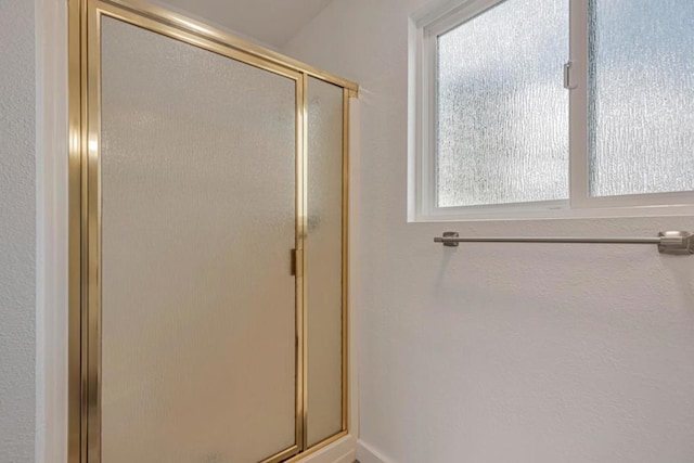 bathroom with a shower with shower door