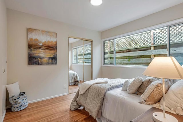 bedroom featuring light hardwood / wood-style floors and a closet