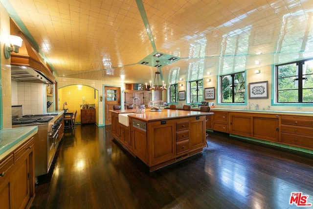 kitchen featuring double oven range, sink, dark wood-type flooring, and a center island with sink