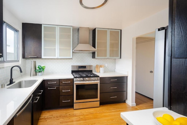 kitchen featuring wall chimney range hood, sink, dark brown cabinets, stainless steel appliances, and tasteful backsplash