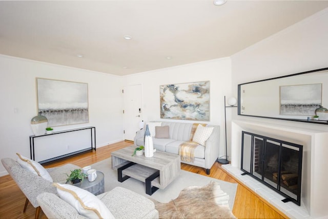 living room featuring crown molding and light wood-type flooring