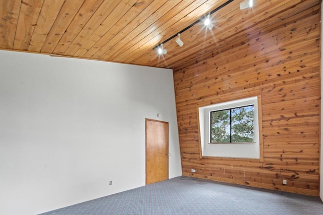 carpeted spare room featuring wooden walls, rail lighting, and wooden ceiling