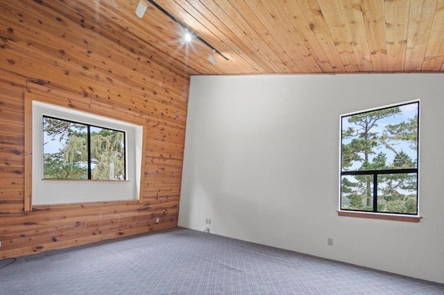 empty room featuring wooden walls, carpet, track lighting, vaulted ceiling, and wooden ceiling