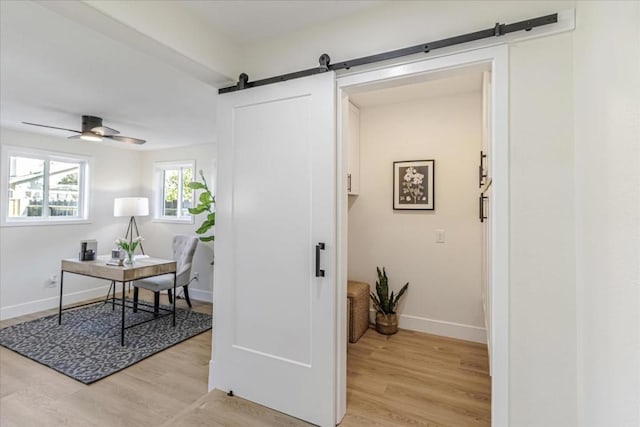 hallway featuring a barn door and light wood-type flooring