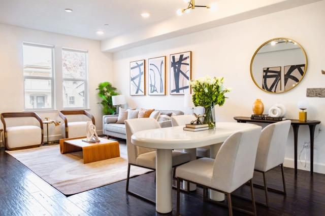 dining space with dark hardwood / wood-style floors