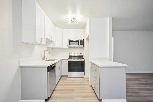 kitchen featuring stainless steel appliances, sink, white cabinets, and light hardwood / wood-style floors