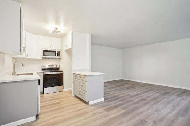 kitchen featuring stainless steel appliances, sink, white cabinets, and light wood-type flooring