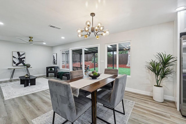 dining area featuring baseboards, recessed lighting, visible vents, and light wood-style floors