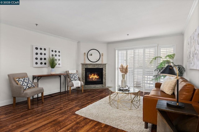 living room with ornamental molding and dark hardwood / wood-style floors