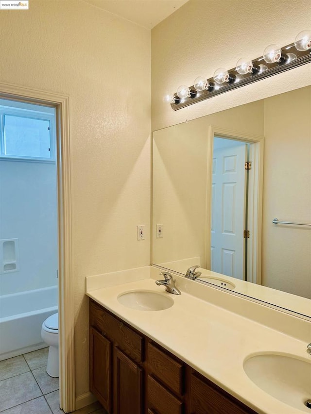 full bathroom featuring tile patterned flooring, vanity, shower / bathtub combination, and toilet