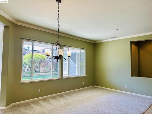 unfurnished dining area with crown molding, carpet flooring, and an inviting chandelier