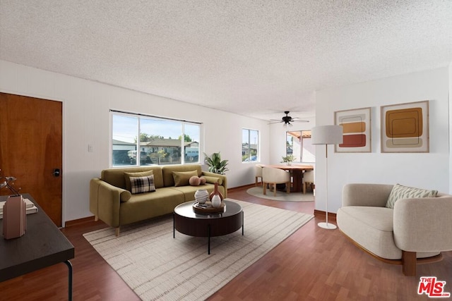 living room featuring dark hardwood / wood-style floors and a textured ceiling