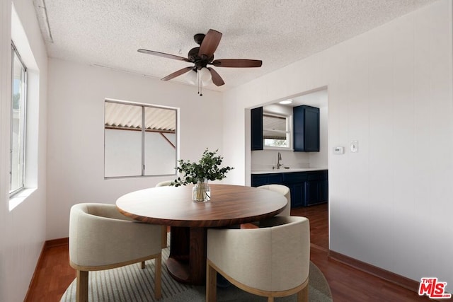 dining room featuring ceiling fan, a textured ceiling, dark wood-type flooring, and a healthy amount of sunlight