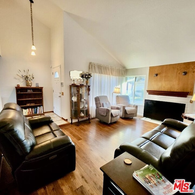 living room with light hardwood / wood-style flooring and high vaulted ceiling