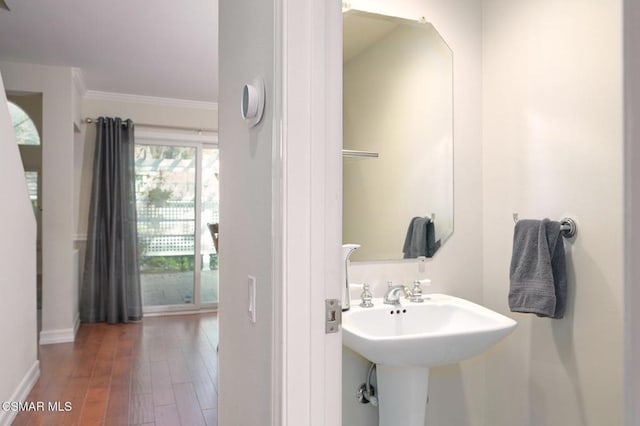 bathroom with crown molding, wood-type flooring, and sink