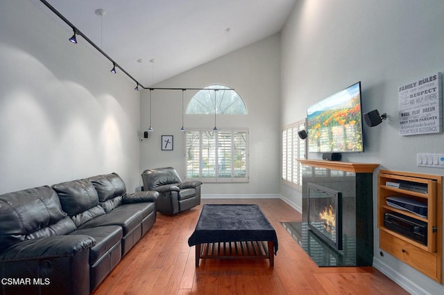 living room with wood-type flooring and high vaulted ceiling